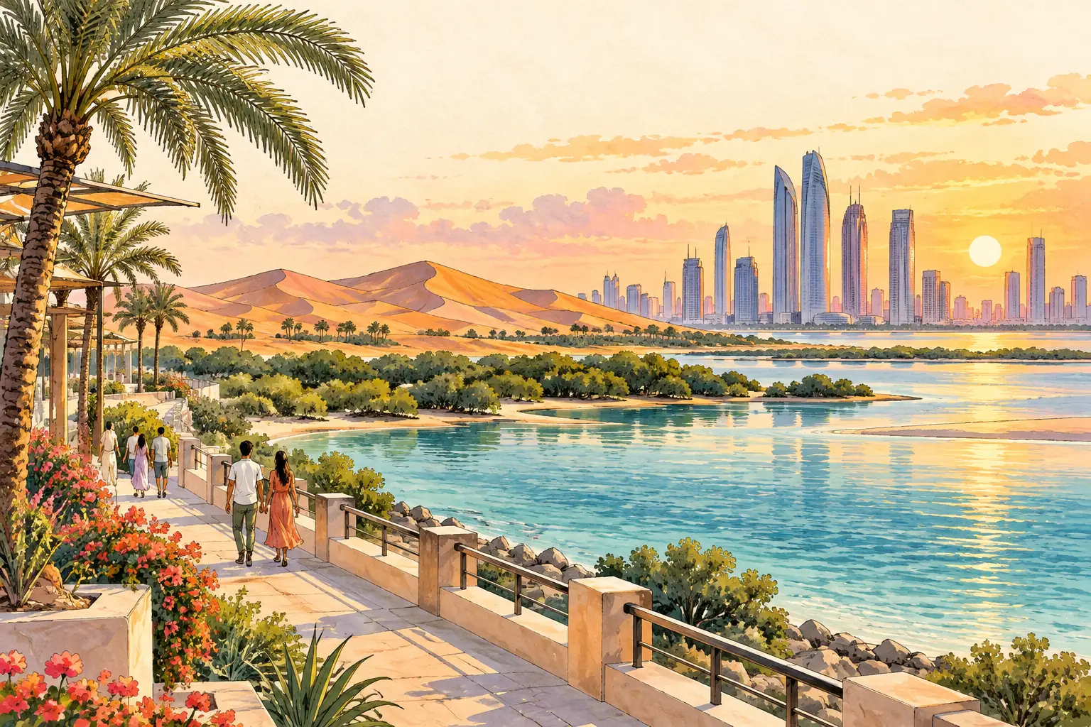 A hand-drawn characteristic landscape of United Arab Emirates, with a few young adults for scale.