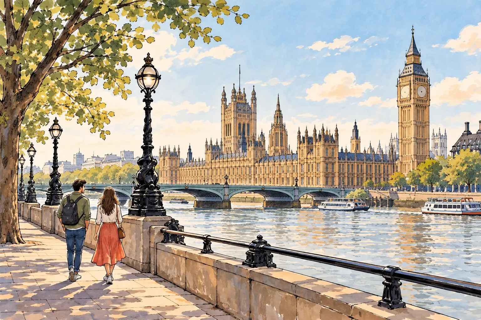 A hand-drawn characteristic landscape of United Kingdom, with a few young adults for scale.