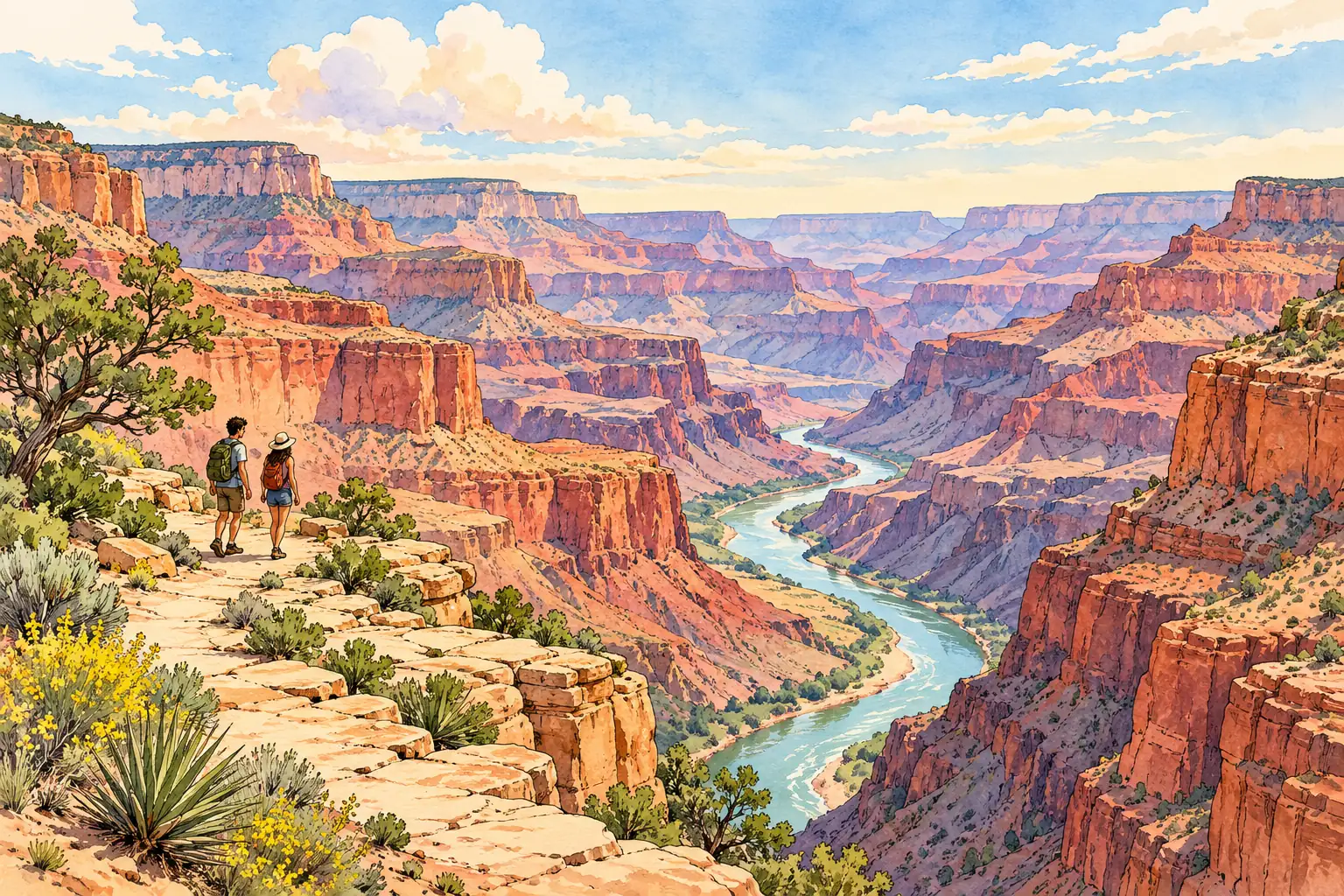 A hand-drawn characteristic landscape of United States, with a few young adults for scale.