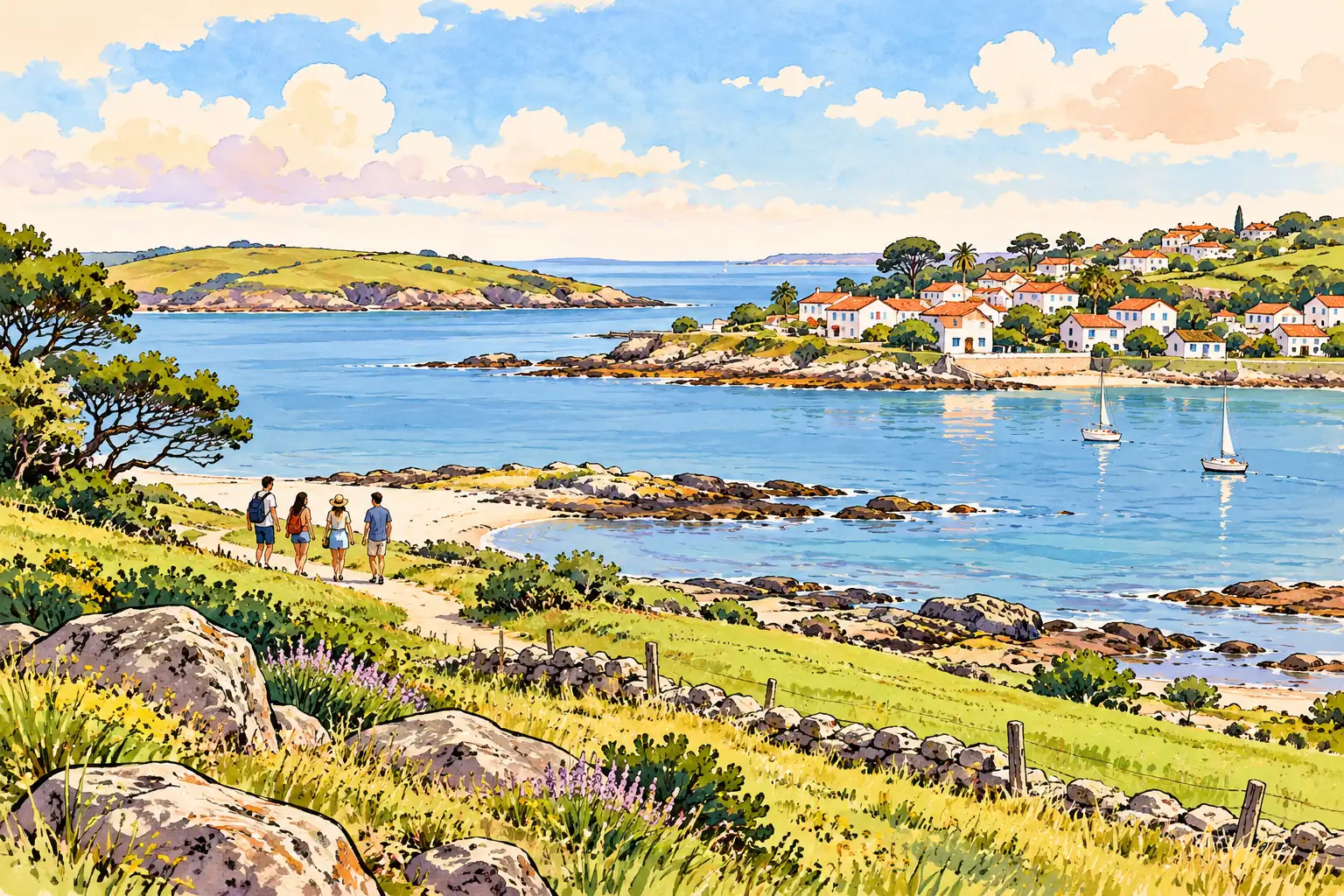 A hand-drawn characteristic landscape of Uruguay, with a few young adults for scale.