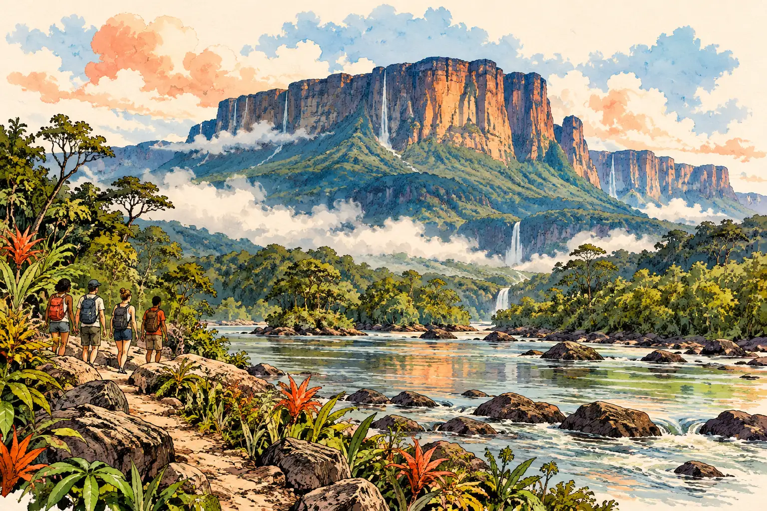 A hand-drawn characteristic landscape of Venezuela, with a few young adults for scale.