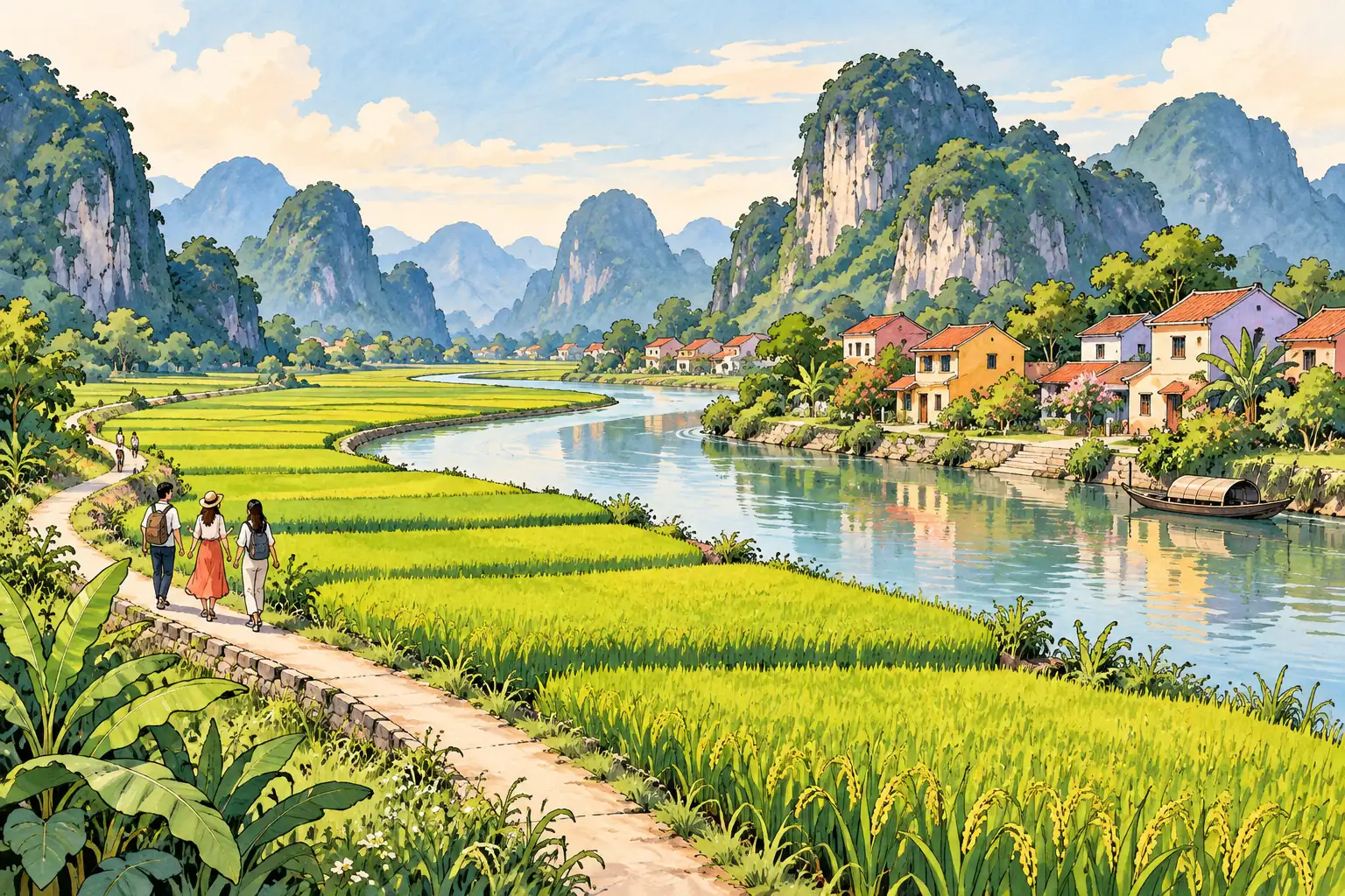A hand-drawn characteristic landscape of Vietnam, with a few young adults for scale.