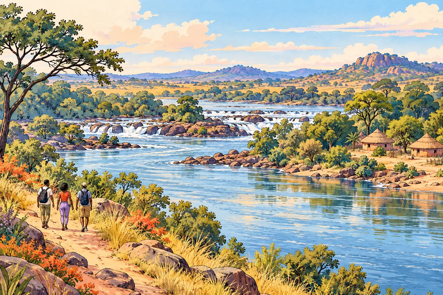 A hand-drawn characteristic landscape of Zambia, with a few young adults for scale.