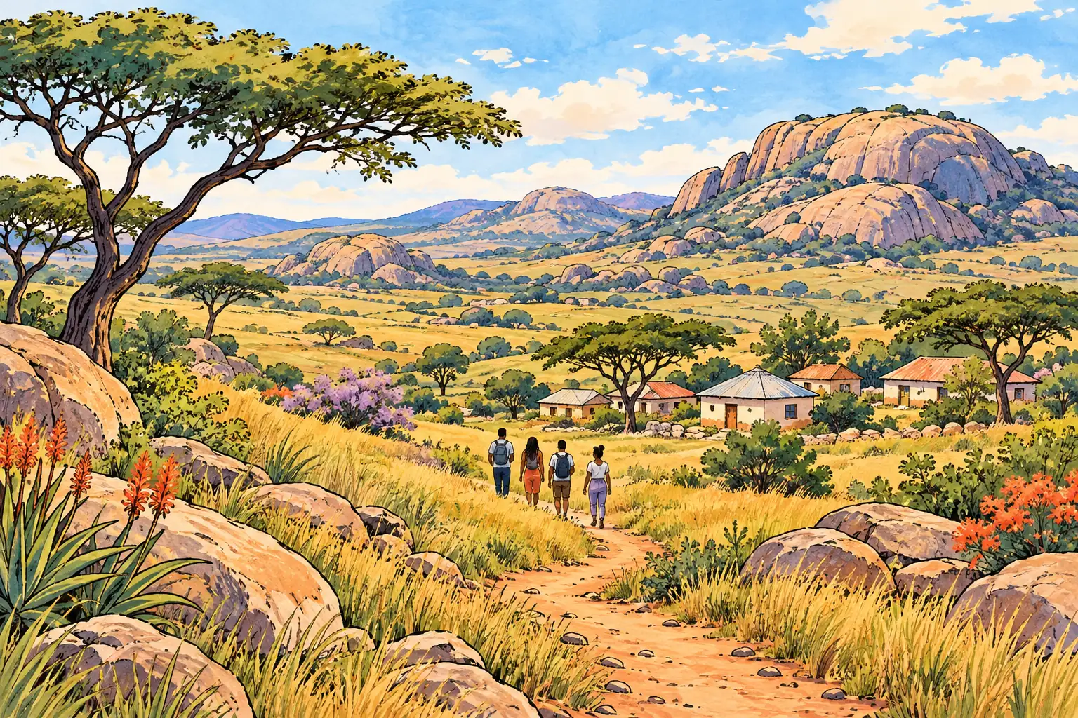 A hand-drawn characteristic landscape of Zimbabwe, with a few young adults for scale.