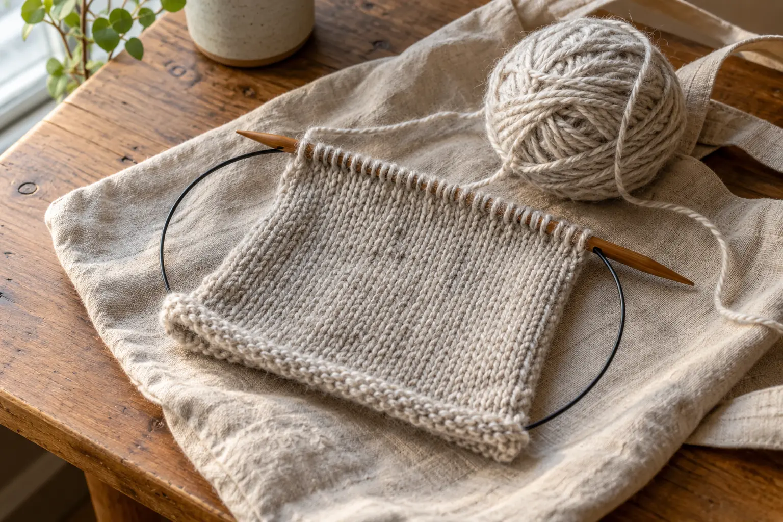 Illustration: A knitted wool square on circular needles beside a yarn ball.