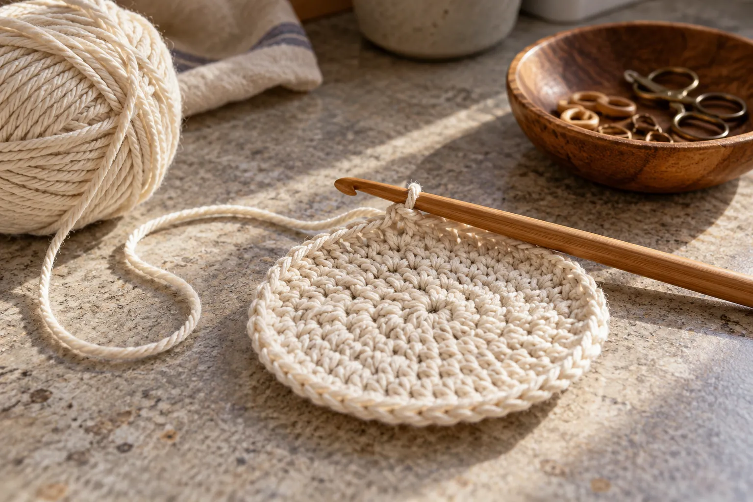 Illustration: An unfinished cotton crochet circle and hook.