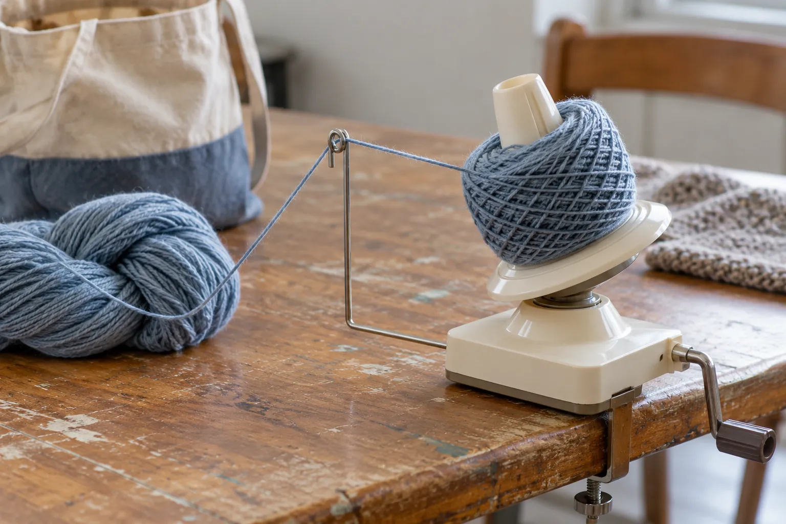 Illustration: A yarn winder and wool cake on a community table.