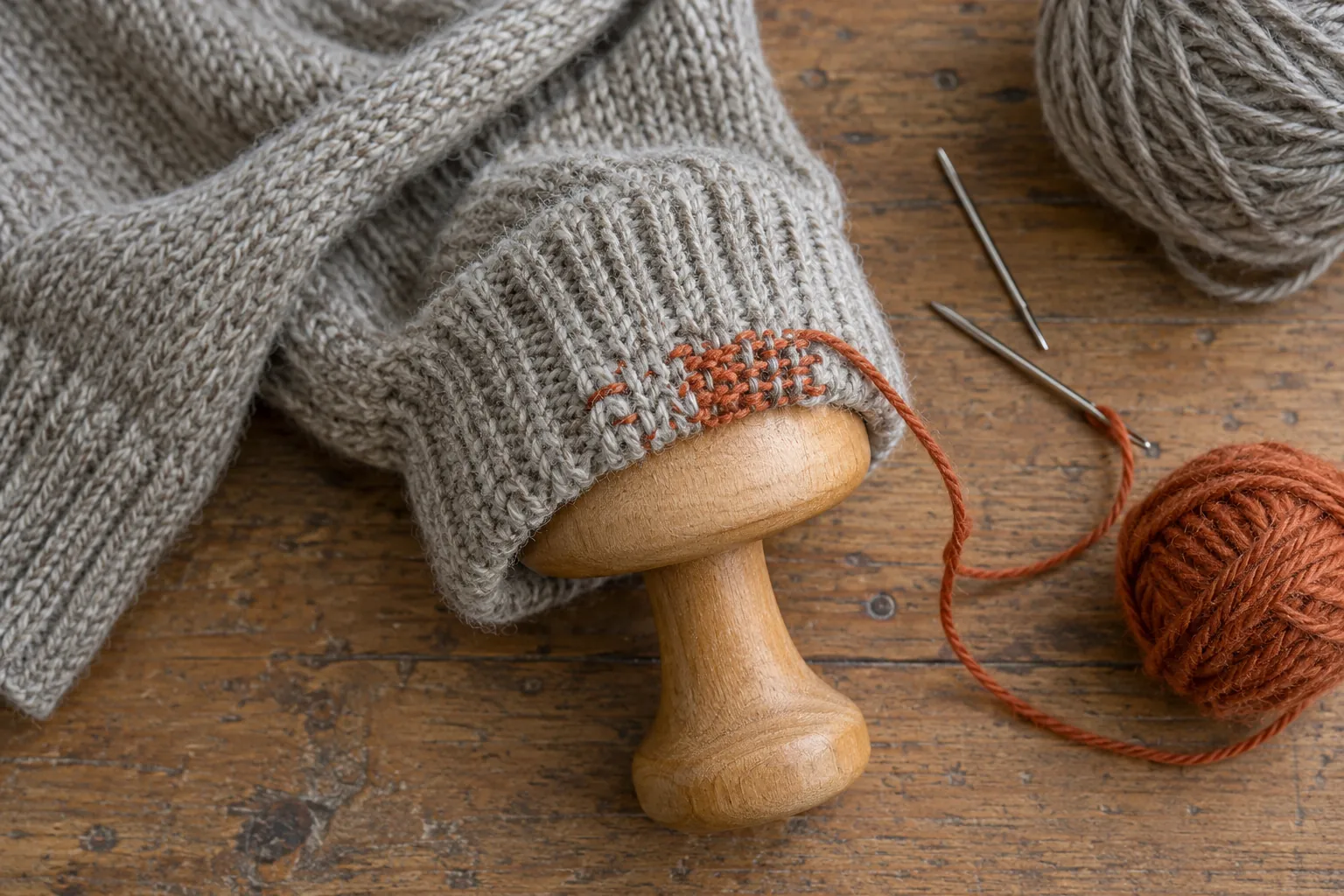 Illustration: A knitted cuff being prepared for darning.