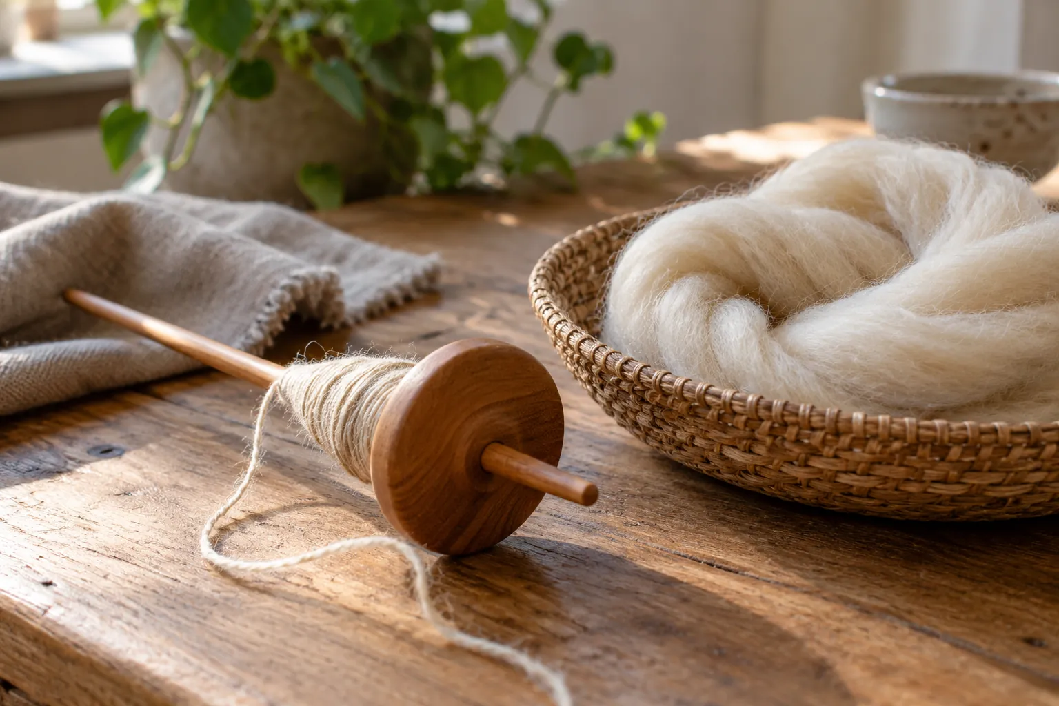 Illustration: A wooden drop spindle and undyed fibre in a basket.