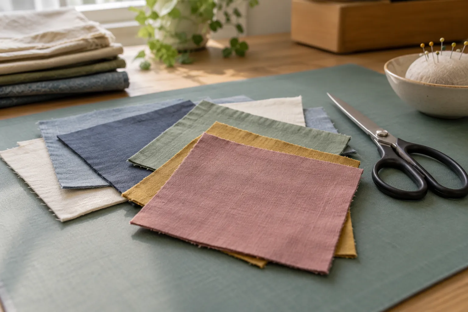 Illustration: Cotton patchwork squares beside fabric scissors.