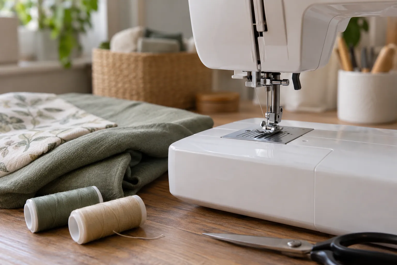 Illustration: A plain sewing machine beside fabric and spools.