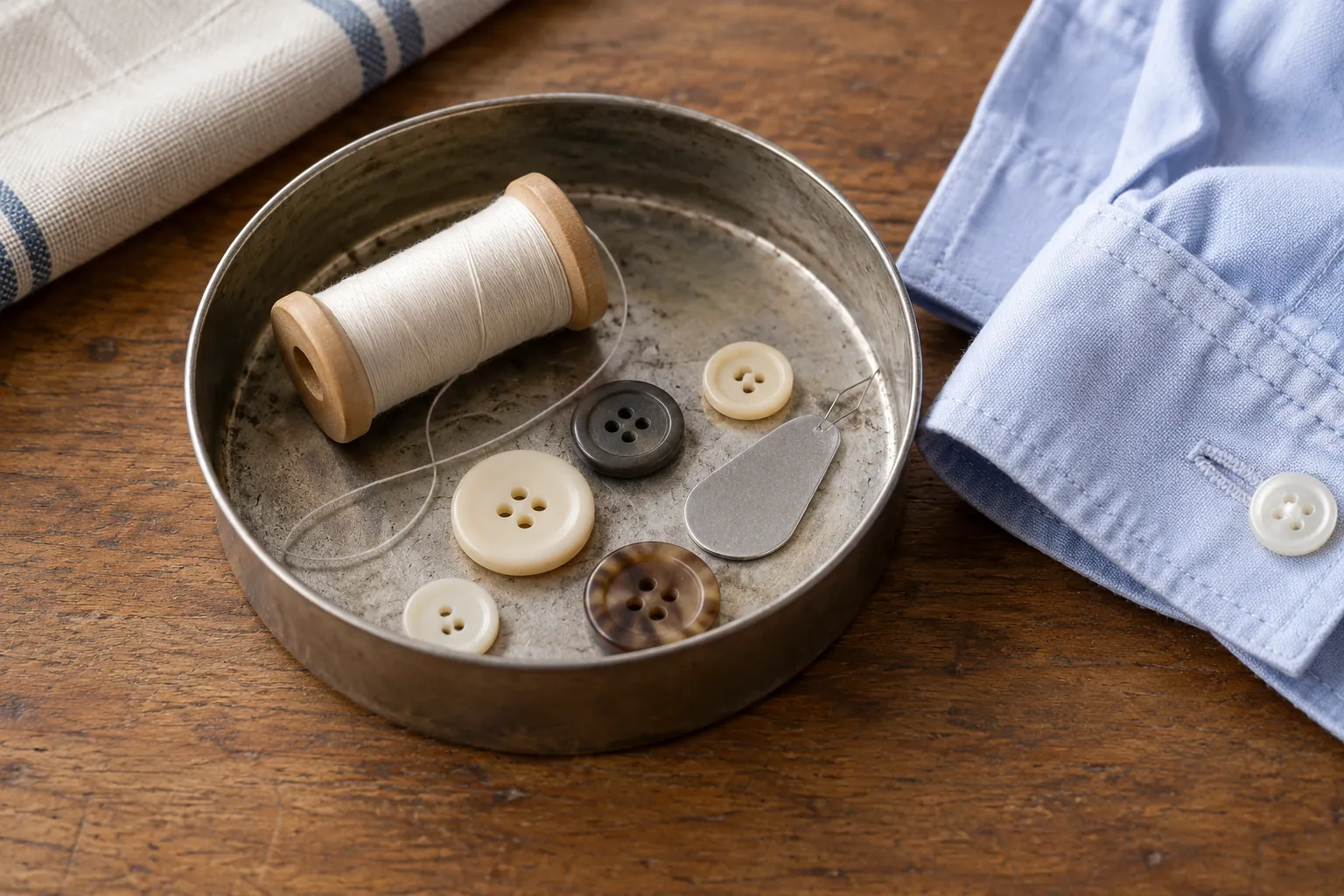 Illustration: Buttons, thread and a cuff in a repair setup.