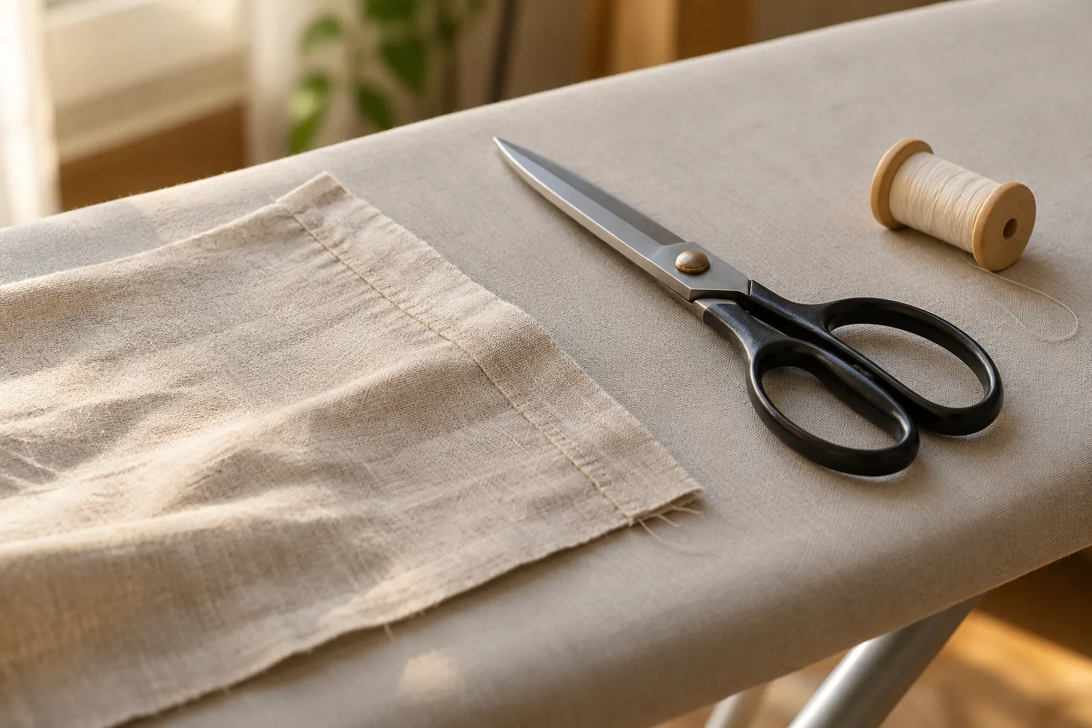 Illustration: Fabric scissors and a seam sample on a pressing board.