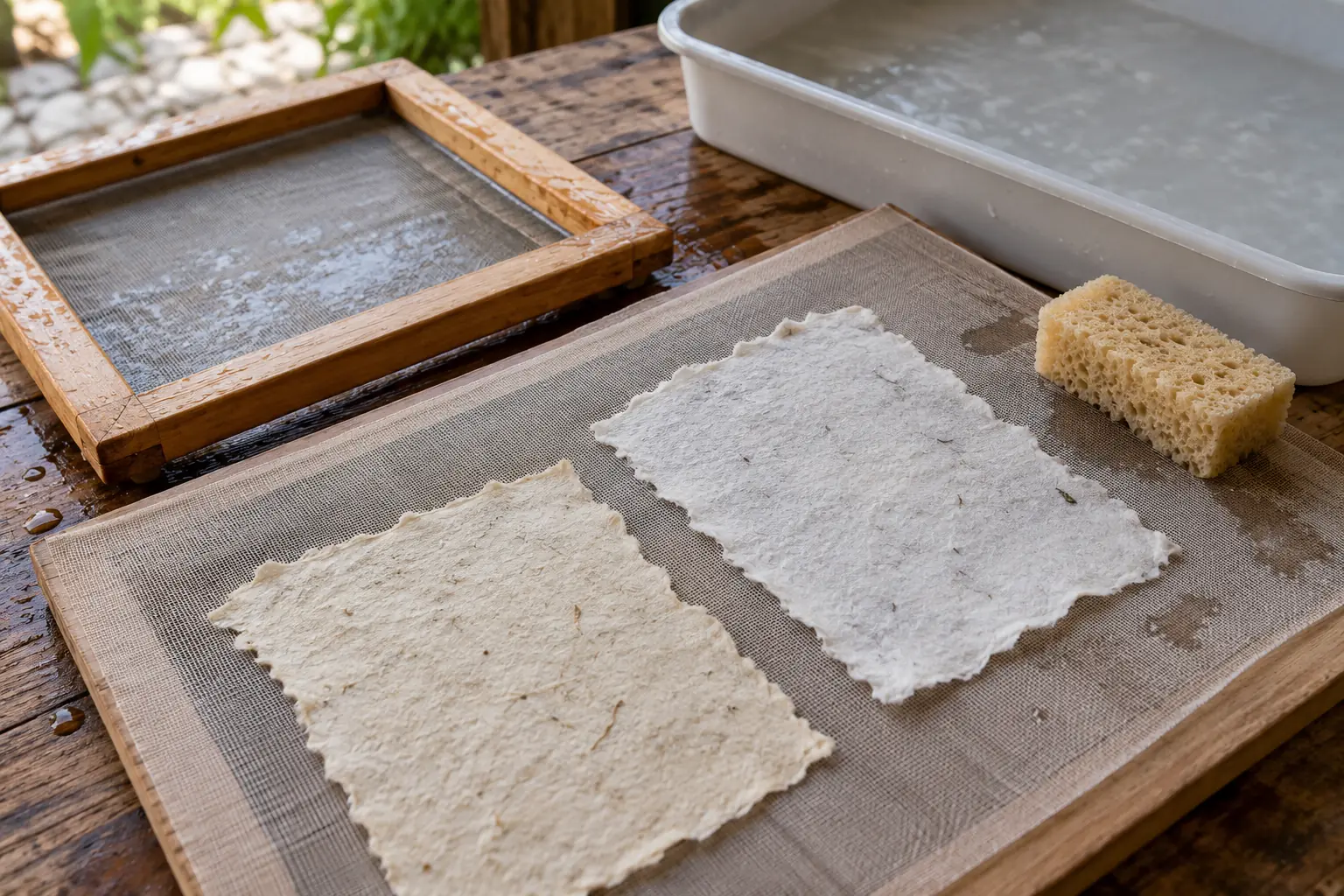 Illustration: Handmade paper sheets drying beside a deckle frame.