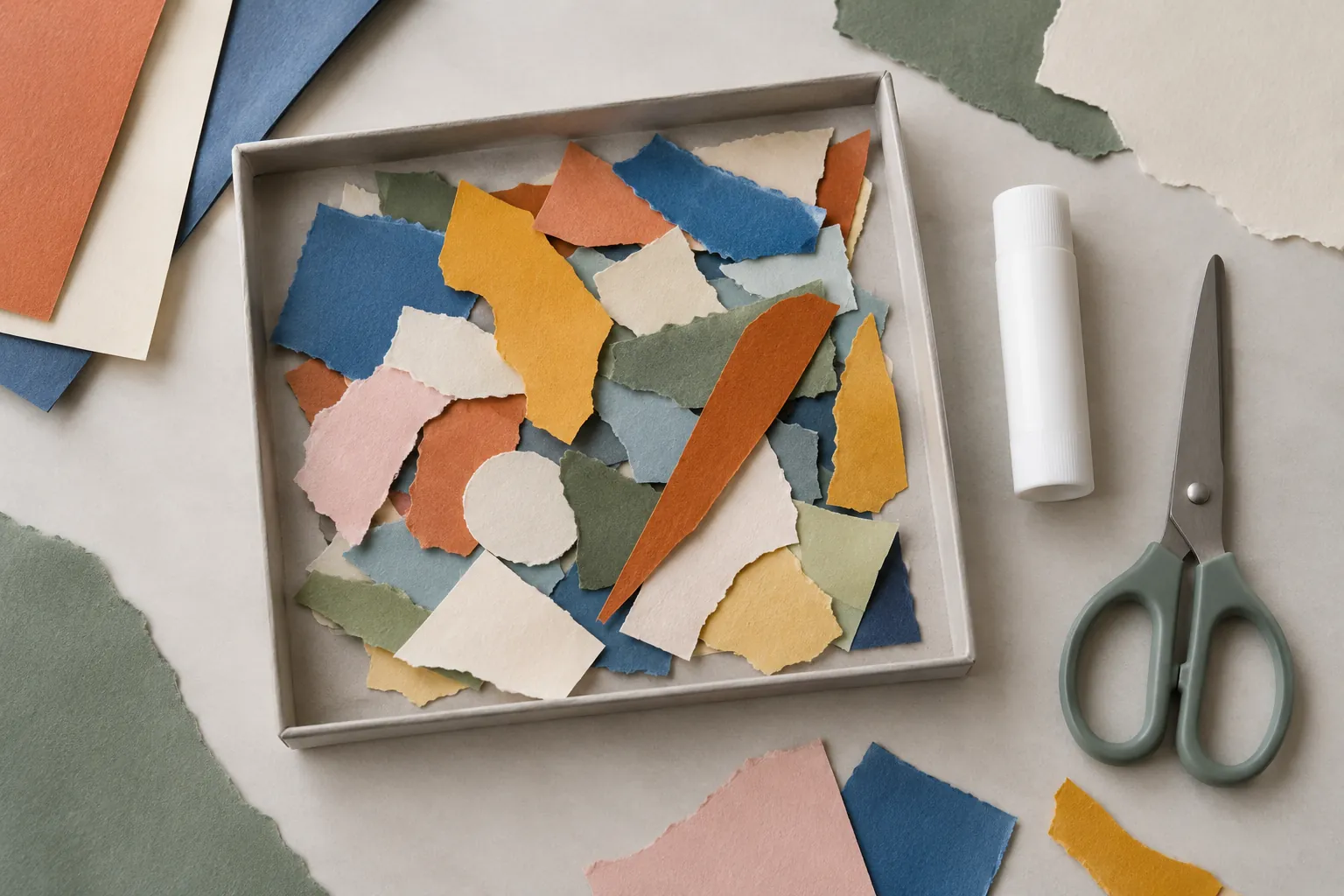Illustration: Colored paper fragments and simple collage tools.
