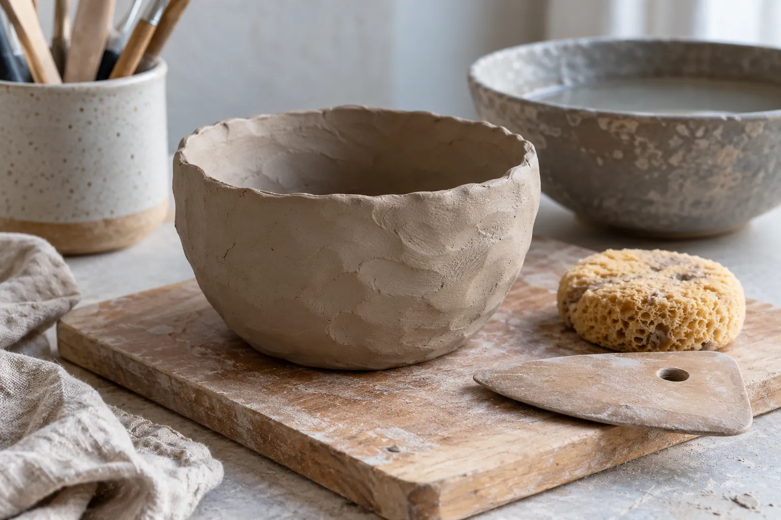 Illustration: An unfinished clay pinch pot and shaping tools.