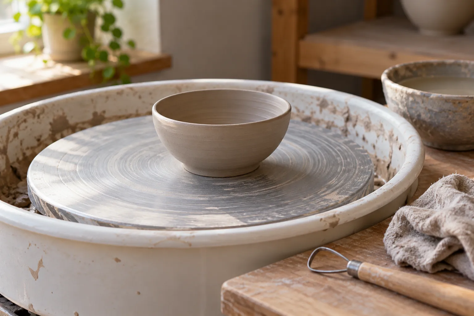 Illustration: A clay bowl on a stationary pottery wheel beside trimming tools.