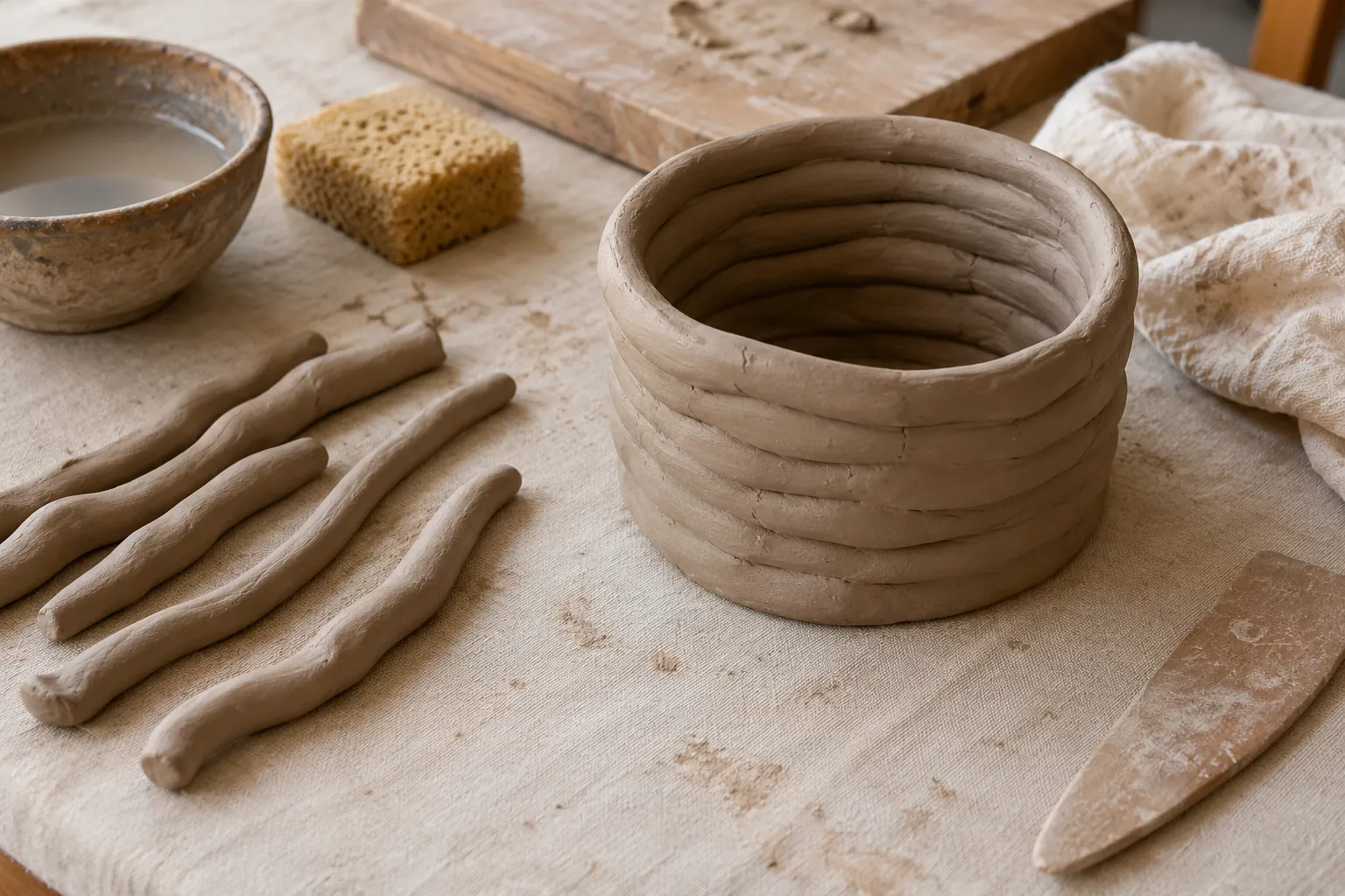 Illustration: Clay coils beside an unfinished coil-built vessel.