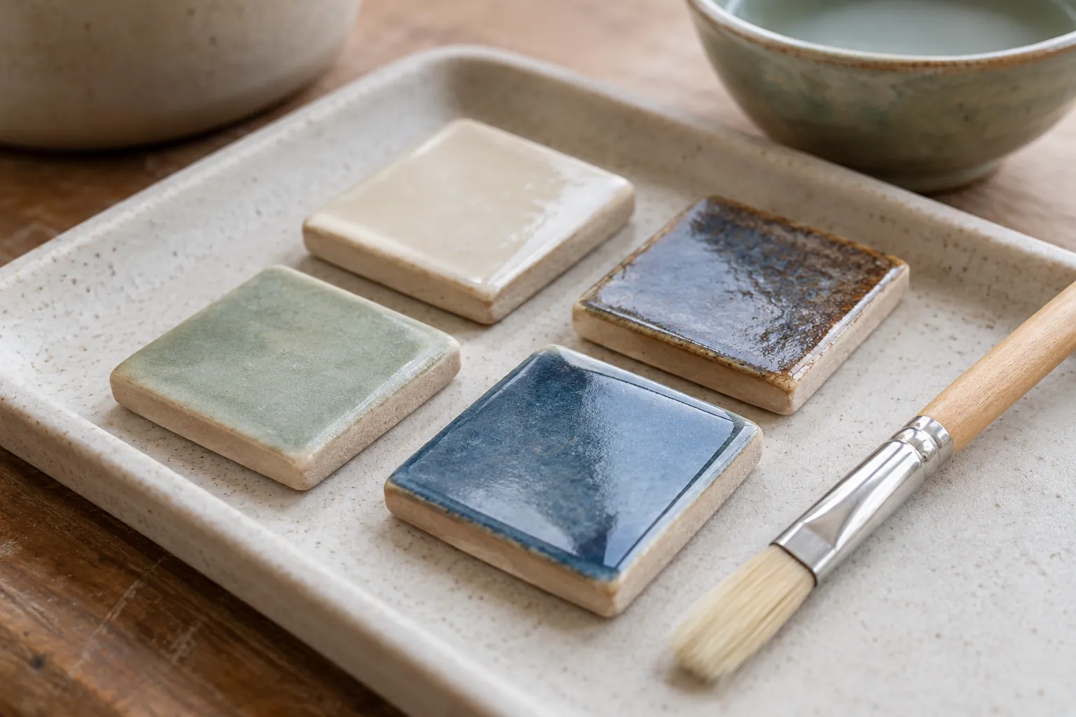 Illustration: Unmarked ceramic glaze samples on a plain tray.