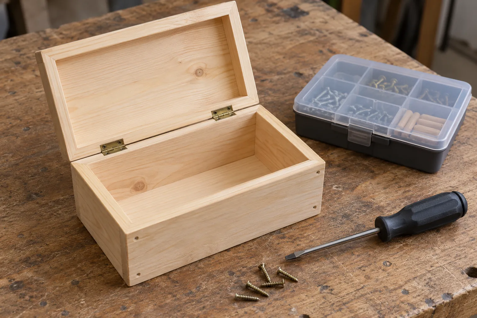 Illustration: A small wooden box project with screws and a screwdriver.