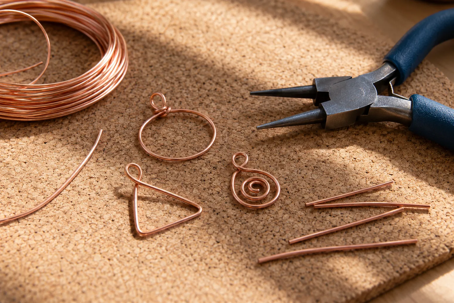 Illustration: Wire forms and pliers on a cork mat.