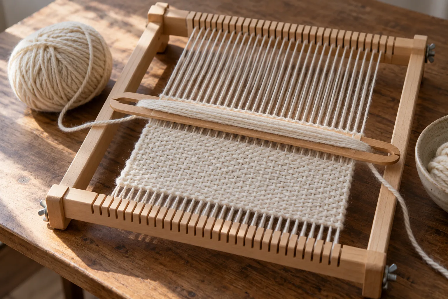 Illustration: An unfinished plain weave on a tabletop loom.