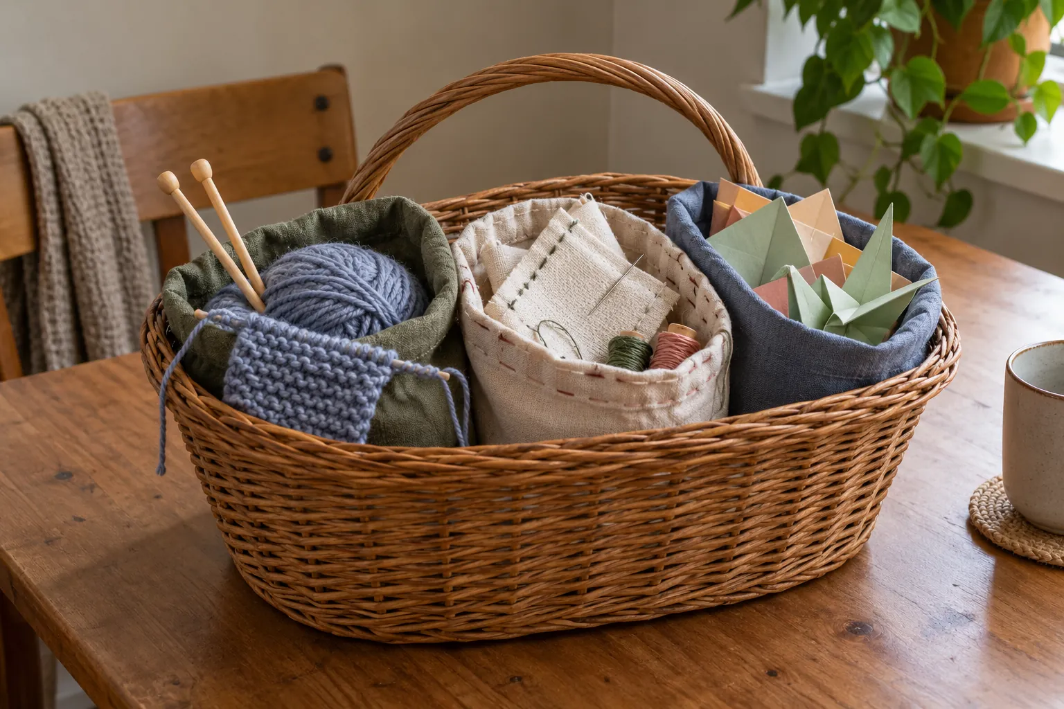 Illustration: Portable craft projects stored in a shared basket.