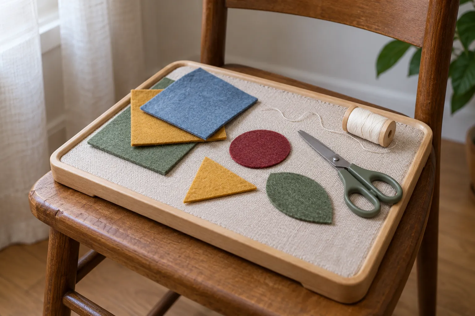 Illustration: Felt pieces and scissors on a lap tray.