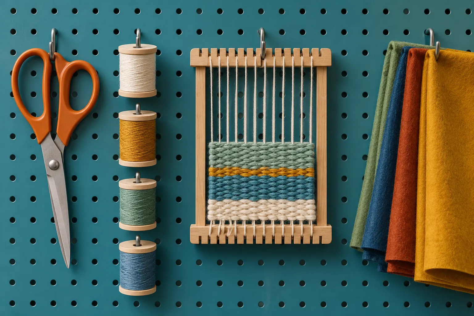 Illustration: Scissors, plain spools, a small weaving frame and folded colored felt hang from a teal perforated metal wall in a community workshop, seen frontally with no table.