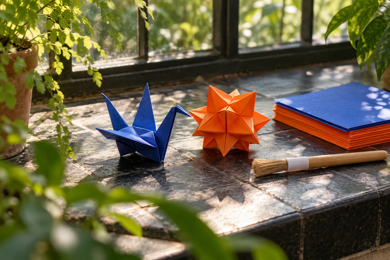 Illustration: Original folded paper forms in cobalt and orange rest along a dark tiled conservatory ledge beside a glue brush and plain paper stack, shot low through soft plant shadows.