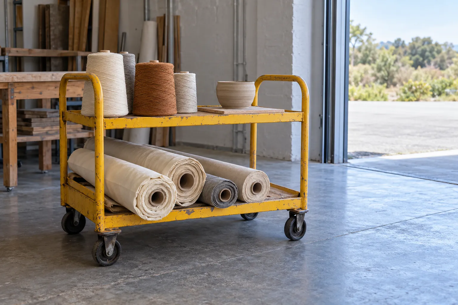 Illustration: A yellow utility trolley holds yarn cones, plain fabric rolls and a small unfinished clay pot beside an open workshop roll-up door, shown wide in cool daylight.