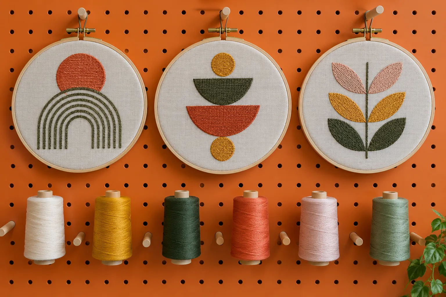 Illustration: Three hoops with simple original geometric stitches hang on an orange pegboard, thread cones on short pegs below.
