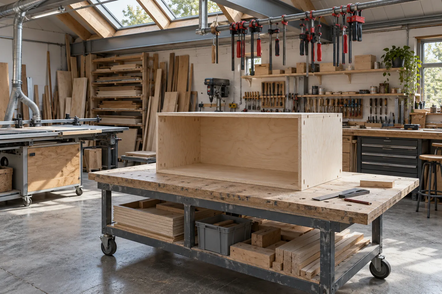 Illustration: Red and black clamps hang on a steel rail above a partly assembled plain plywood box on a wheeled metal bench.