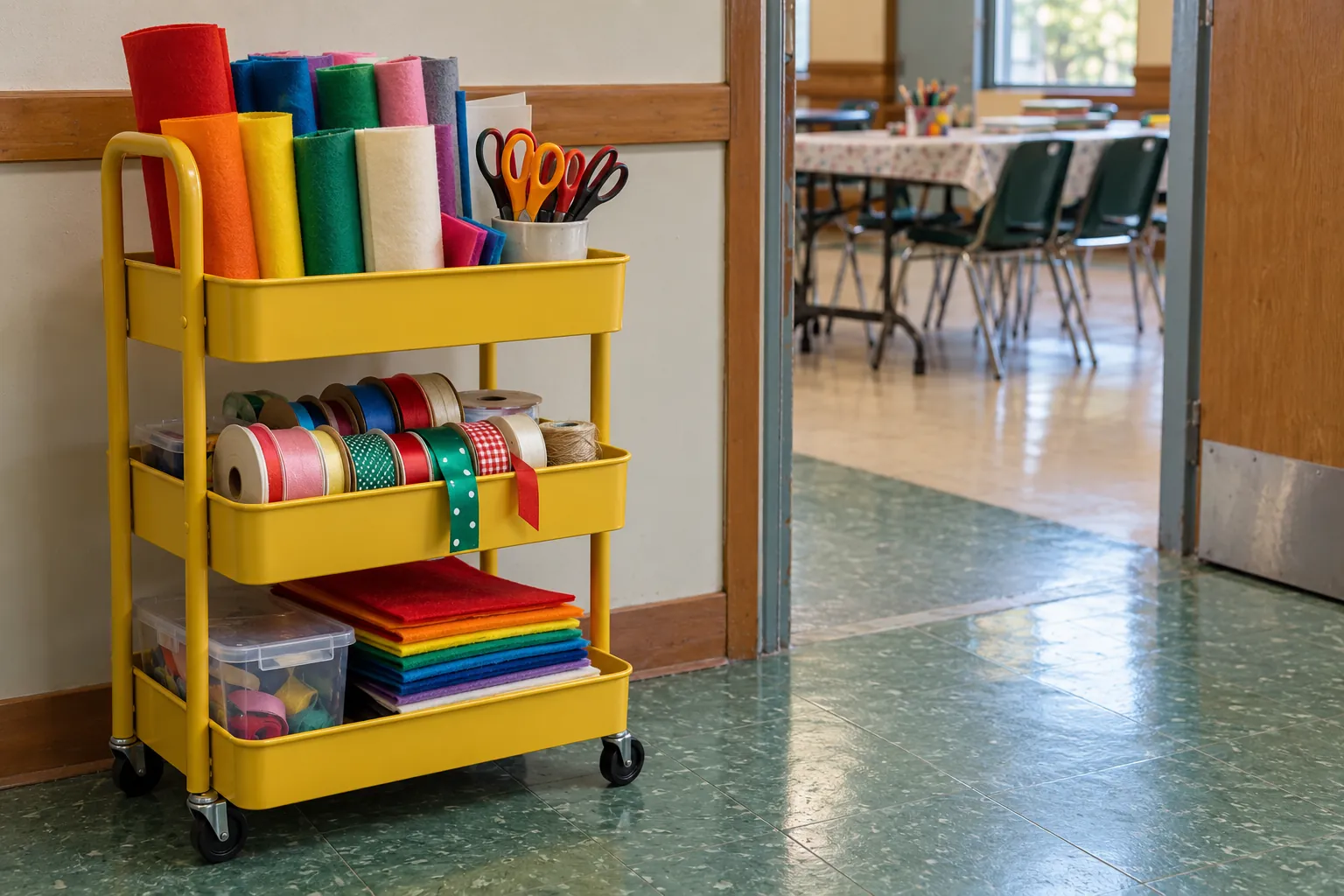 Illustration: A yellow rolling trolley holds felt, plain scissors and reels of ribbon beside a community-room doorway with green floor tiles.