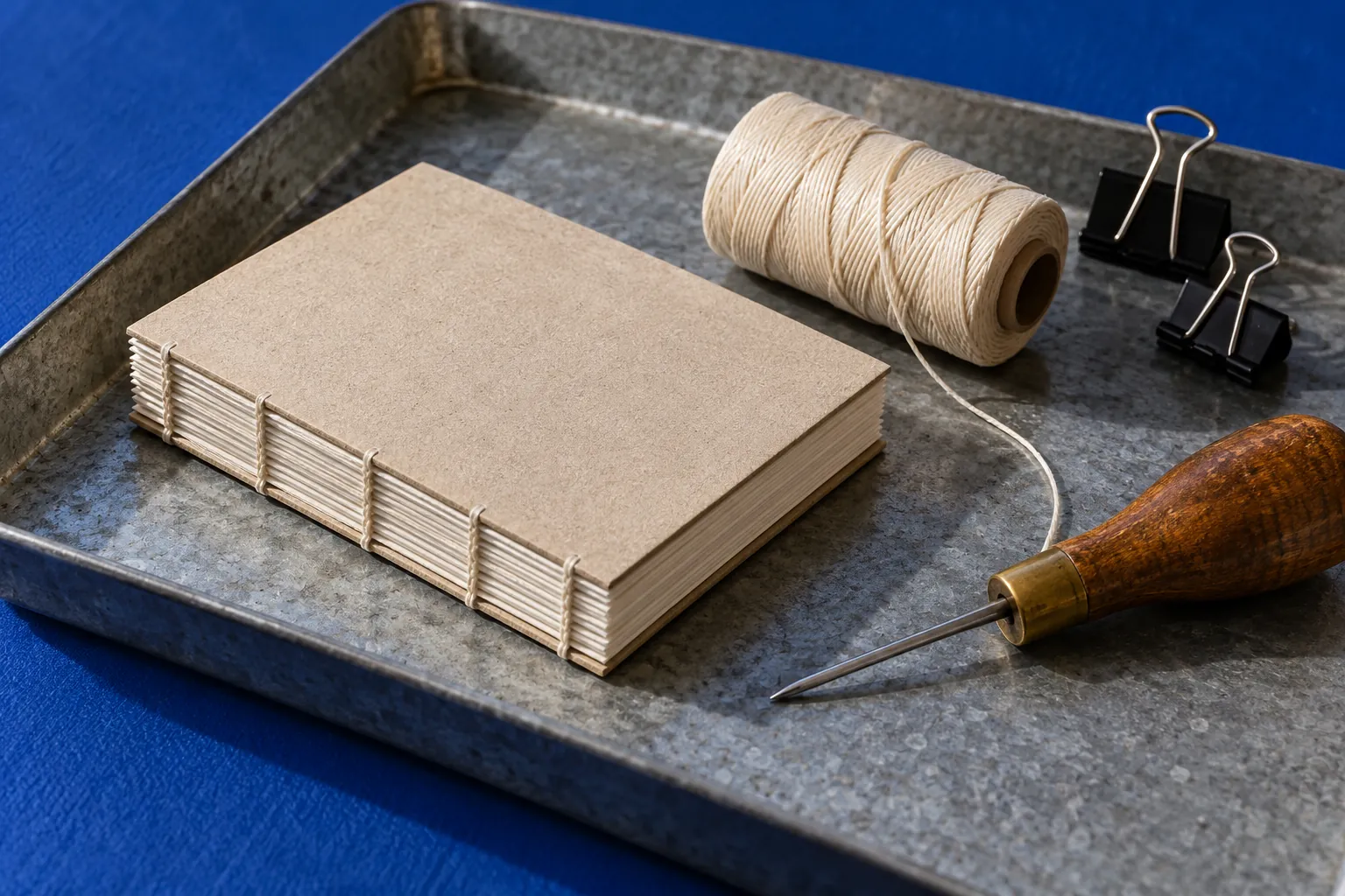 Illustration: A small unlettered handmade book, waxed thread, blunt awl and binder clips fill a galvanized tray against a cobalt rubber mat.