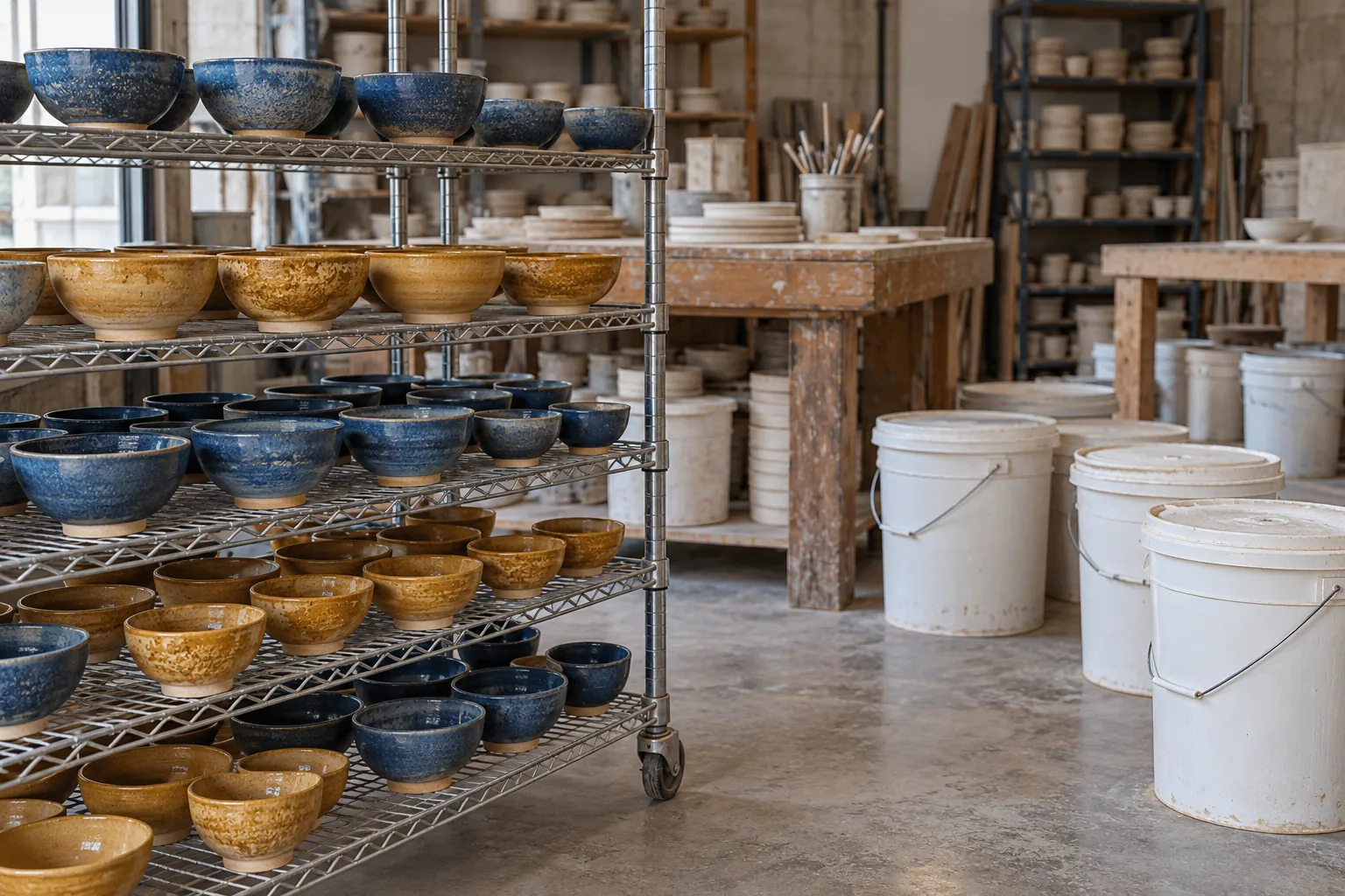 Illustration: Small original ceramic bowls in blue and ochre sit on wire drying shelves beside closed plain glaze pails on a cement floor.
