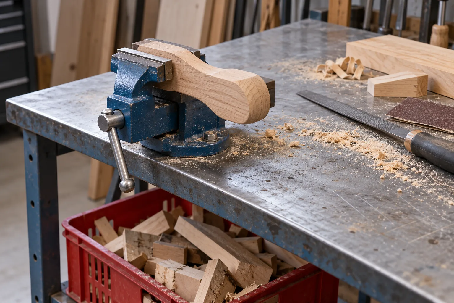 Illustration: A small blue bench vice holds an unfinished smooth wooden shape on a steel workstand, offcuts in a red crate below.