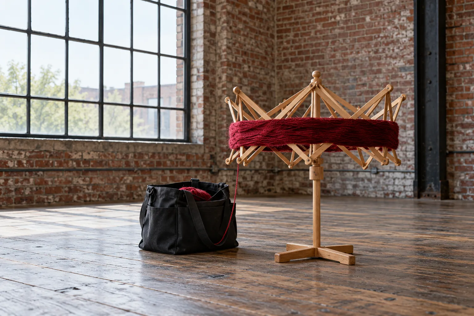 Illustration: A simple wooden yarn swift holds crimson yarn beside a black knitting bag on an empty workshop floor against brick and a large window.
