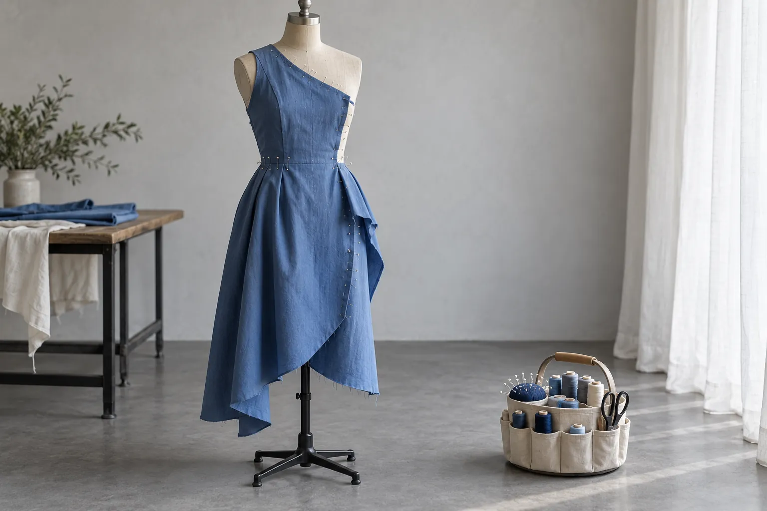 Illustration: A plain unbranded dress form carries a partly pinned blue cotton garment, thread caddy nearby on the grey floor.