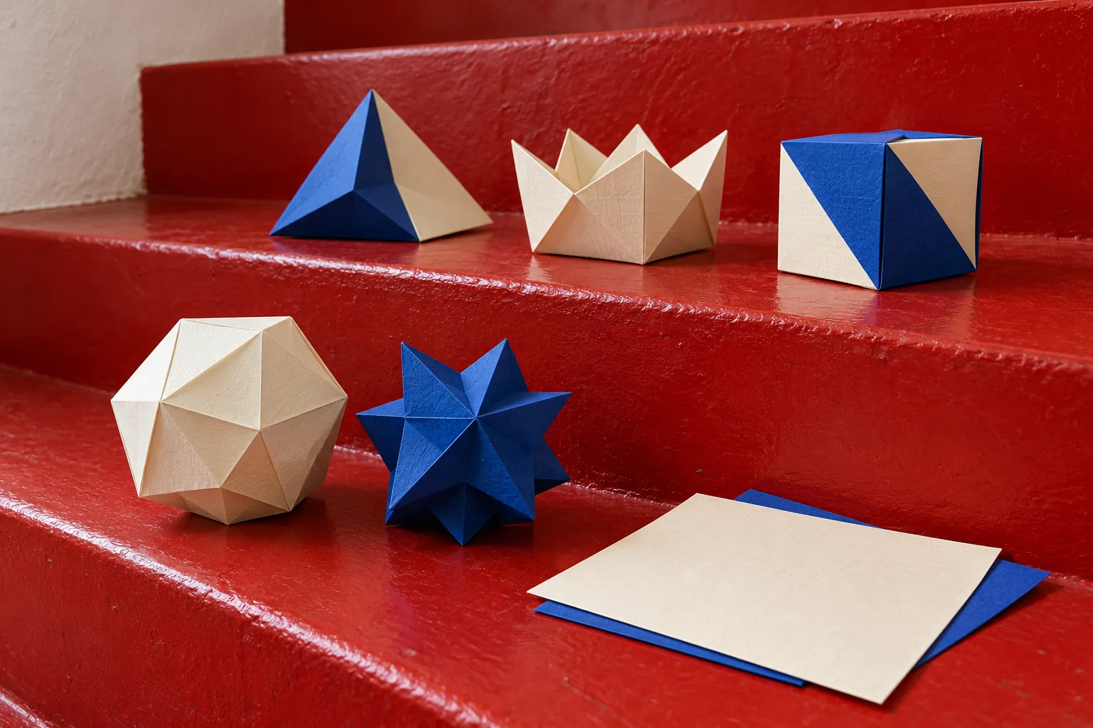 Illustration: Original cream and cobalt origami geometric forms and plain square papers arranged on broad painted red indoor steps.