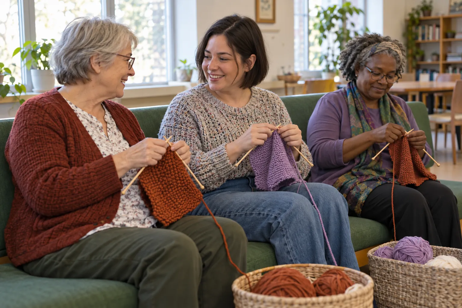 Illustration: Two older adults and a woman in her twenties knit separate pieces on a long green bench inside a community room.