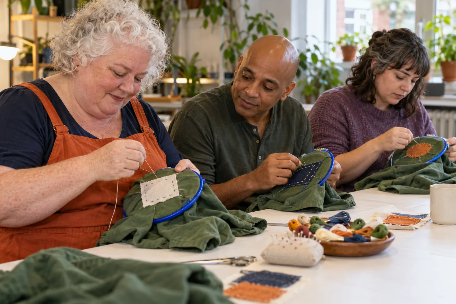 Illustration: Three adults hand-stitch patches onto their own plain garments at a white worktable.