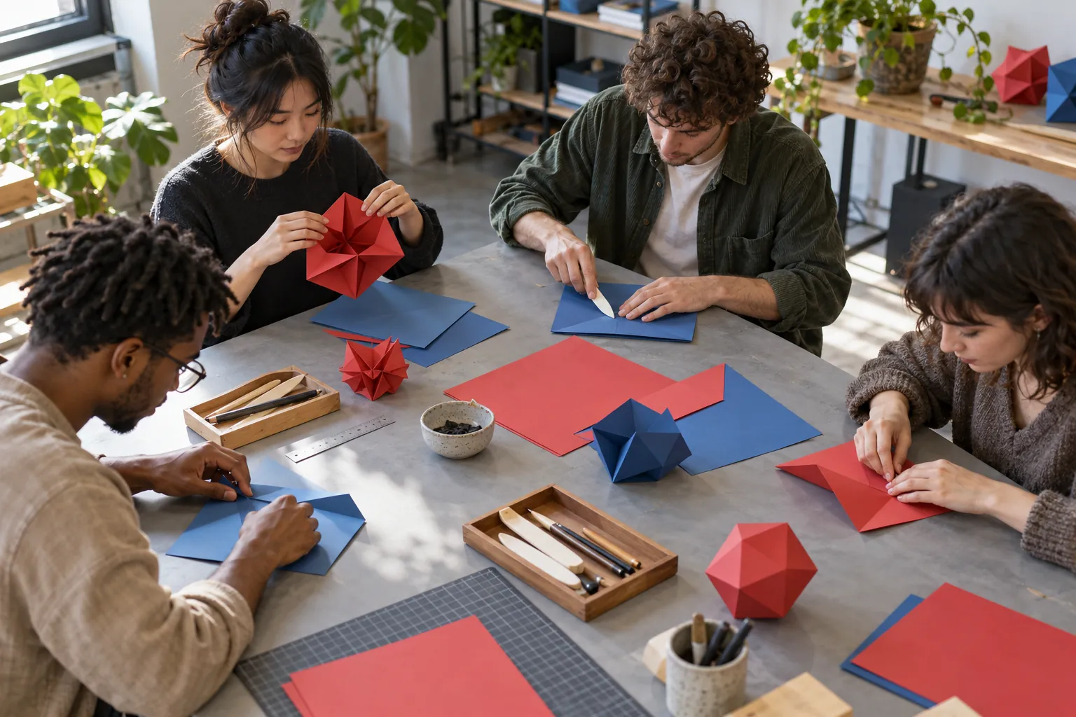 Illustration: Four young adults fold geometric paper forms together at workshop tables.