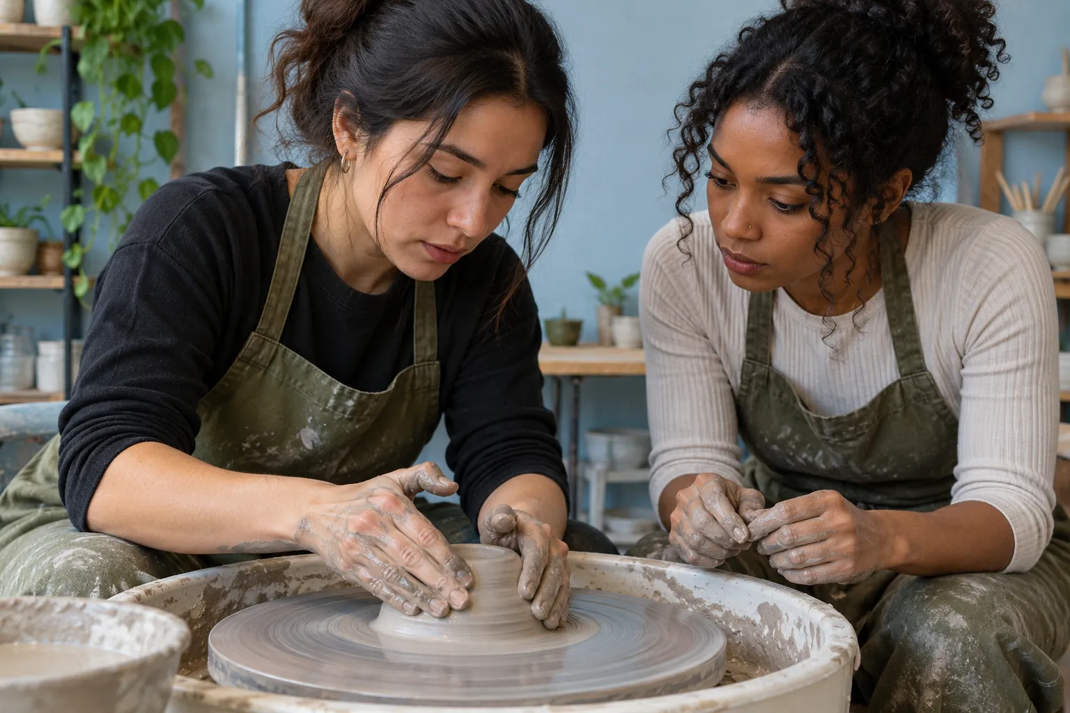 Illustration: Two young adult women work together to centre clay on a pottery wheel.