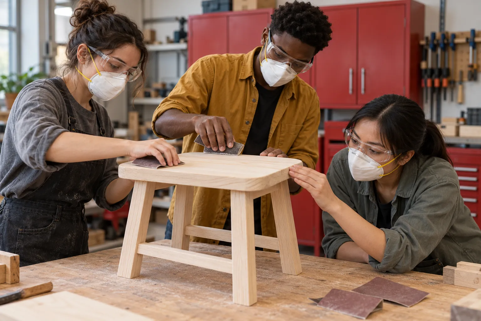 Illustration: Young adults sand a wooden stool together in a workshop.