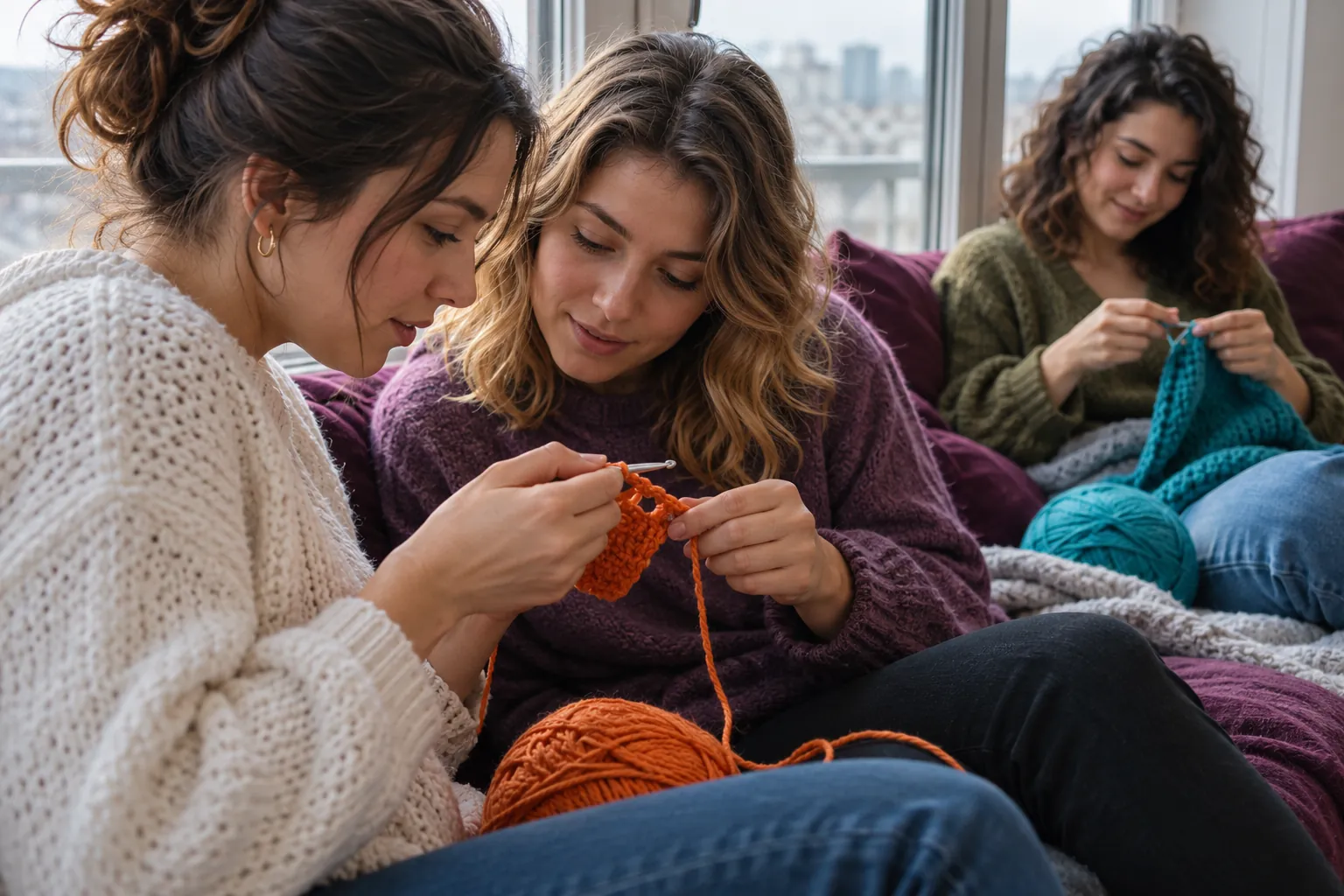 Illustration: Young adults share a crochet lesson beside a window.