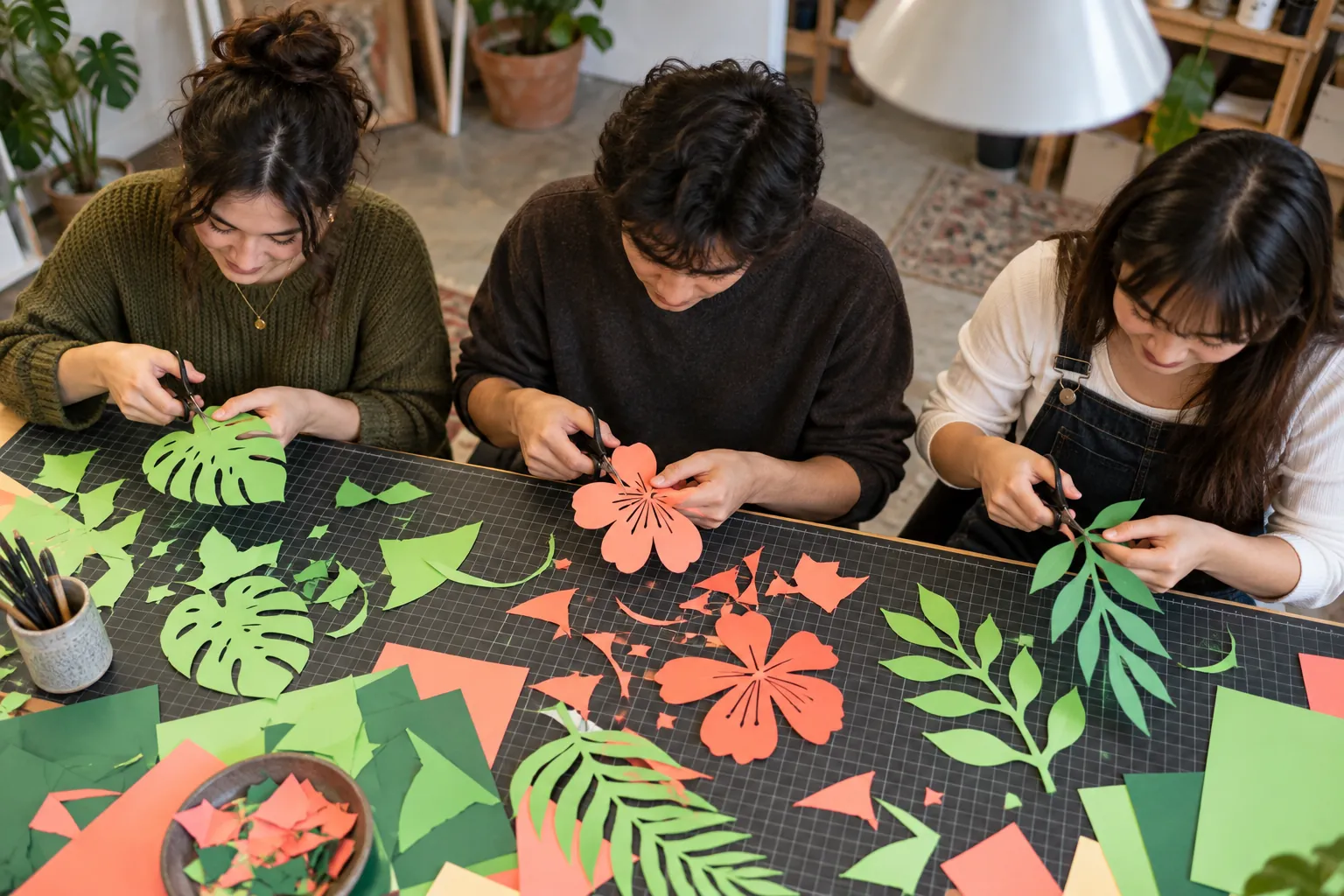 Illustration: Three young adults making botanical cut-paper designs.