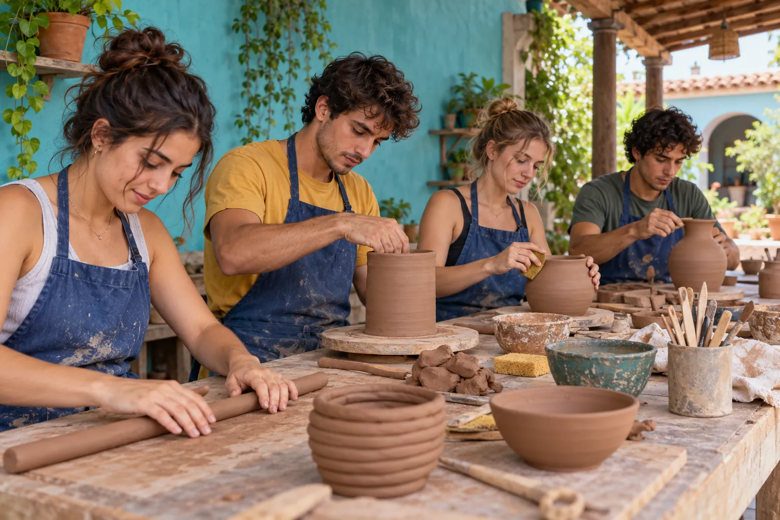 Illustration: Four young adults hand-building clay vessels in a courtyard.