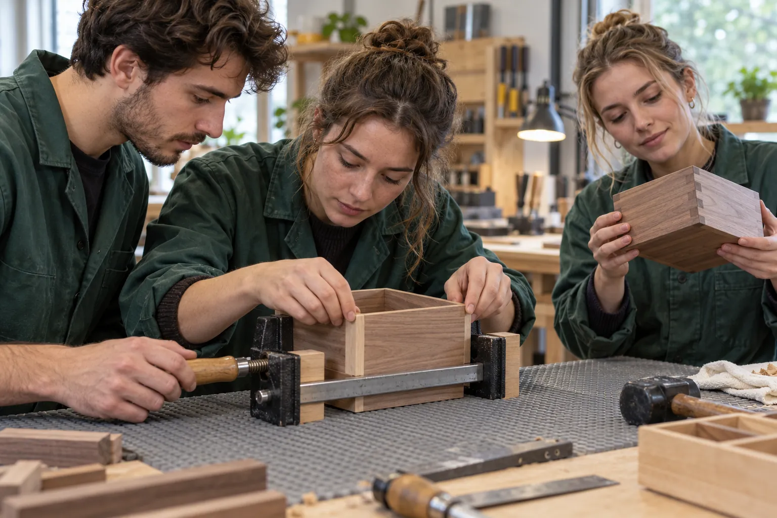 Illustration: Young adults assemble a small wooden box at a shared workbench.