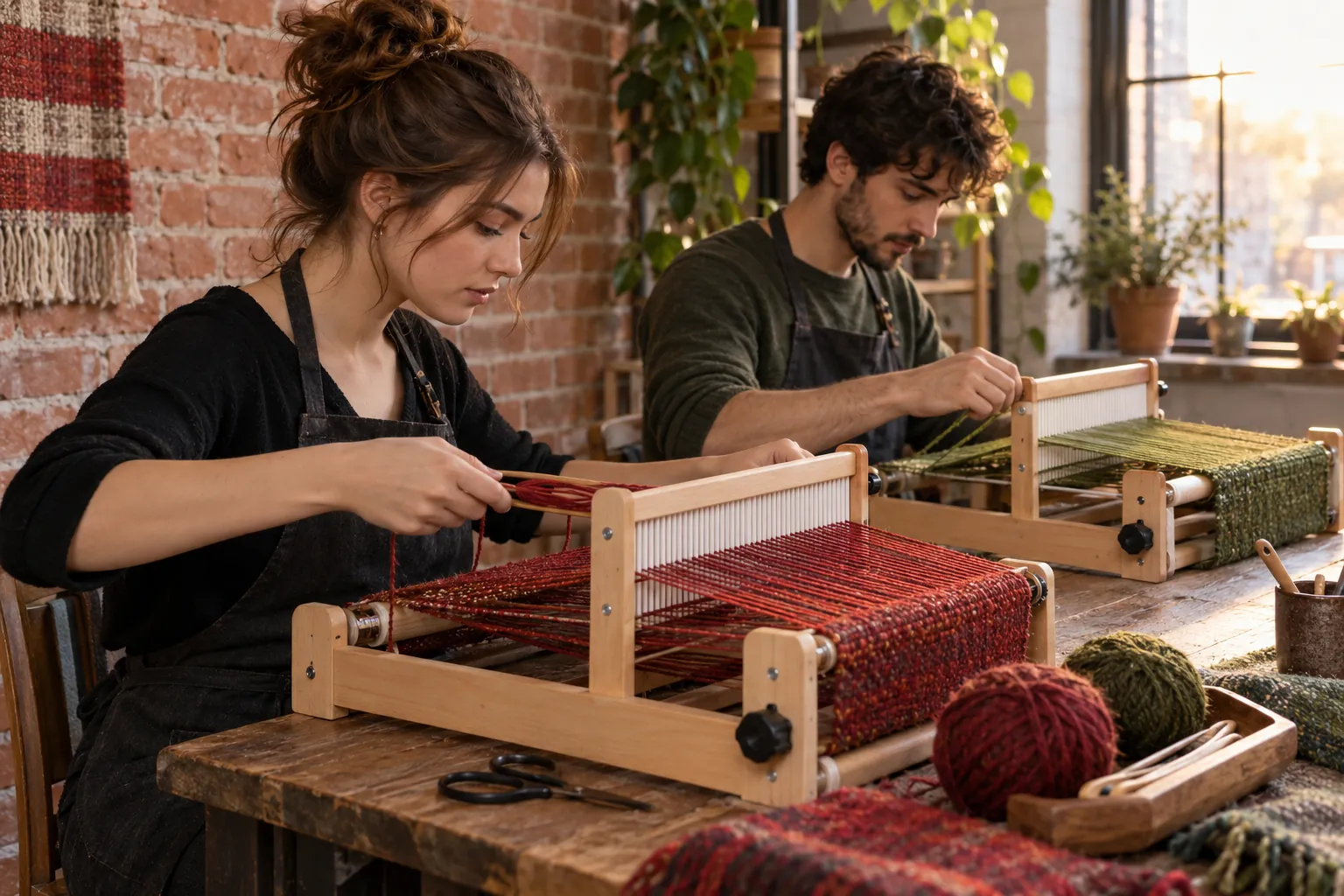 Illustration: Young adults weave on small tabletop looms beside a brick wall.
